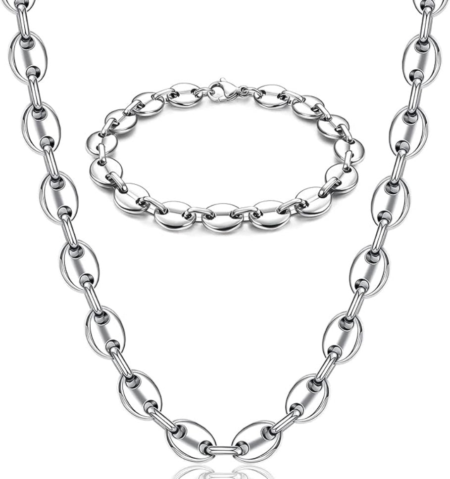 Parure Collier et Bracelet grain de café – Acier Inoxydable Argenté