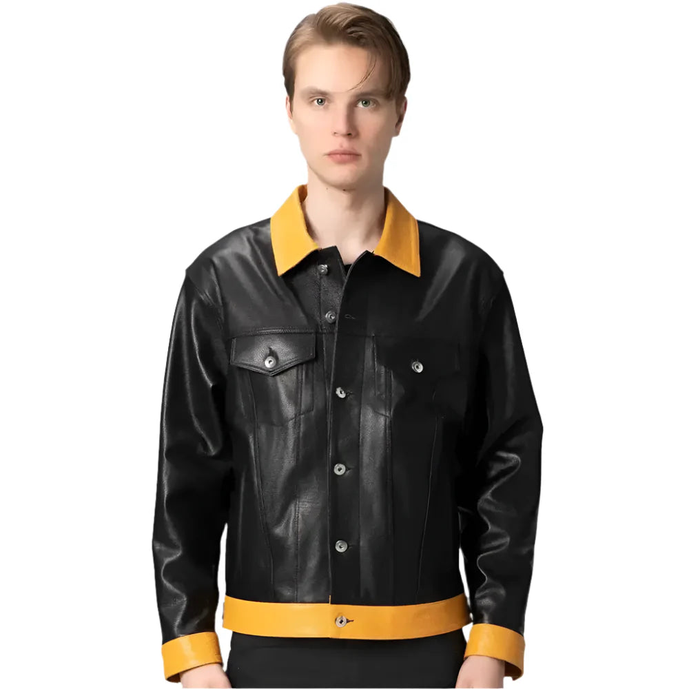 Mens Premium Black Leather Trucker Jacket