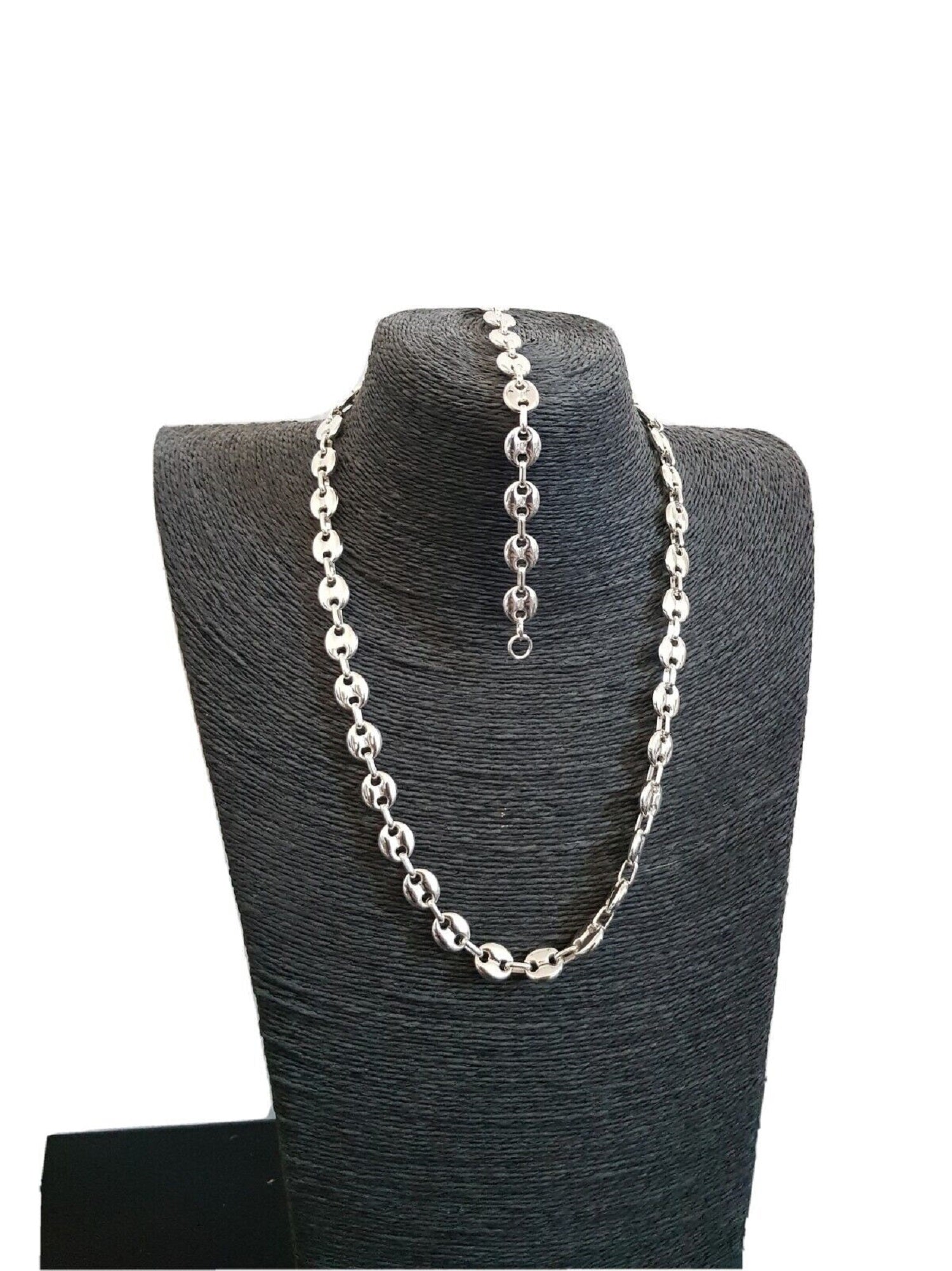 Parure Collier et Bracelet grain de café – Acier Inoxydable Argenté